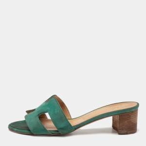 Hermes Green Suede Oasis Slide Sandals Size 38