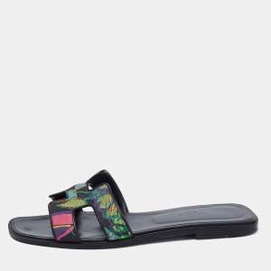 Hermes Multicolor Modernisme Tropical Print Canvas Oran Flat Slides Size 41