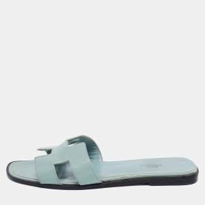 Hermes Mint Green Patent Leather Oran Flat Slide Sandals Size 39.5