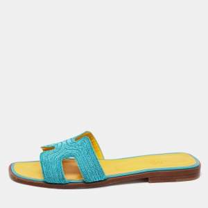 Hermes Blue Embellished Leather Oran Flat Slides Size 38