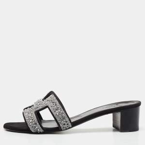 مملوكة مسبقًا Hermes Silver/Black Beads And Suede Embellished Oasis Slide Sandals Size 37