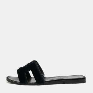 Hermes Black Mink Fur Oran Flats Slides Size 39 