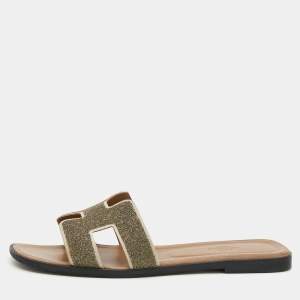 Hermes Beige Suede And Glitter Oran Flat Sandals Size 39
