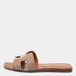 Hermes Tan Embroidered Leather Oran Flat Slides Size 39    