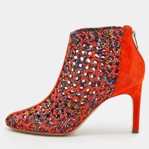 Hermes Orange Suede And Woven Silk Ankle Length Boots Size 39
