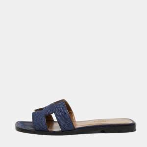 Hermes Navy Blue Lizard Embossed Leather Oran Sandals Size 36