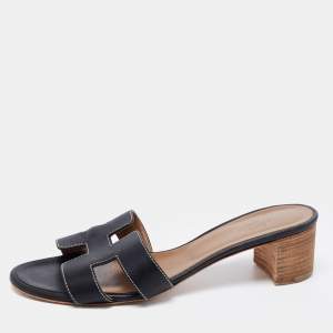 Hermes Black Leather Oasis Sandals Size 38