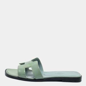 Hermes Green Patent Leather Oran Flat Slides Size 36