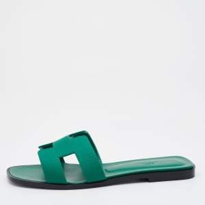 Hermes Vert Emeraude Epsom Leather Oran Flat Sandals 39