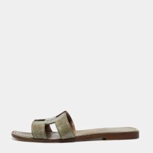 Hermes Green Alligator Leather Oran Flat Slides Size 38.5