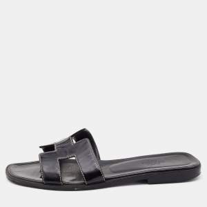 Pre Owned Hermes Black Leather Oran Flat Slides Size 37