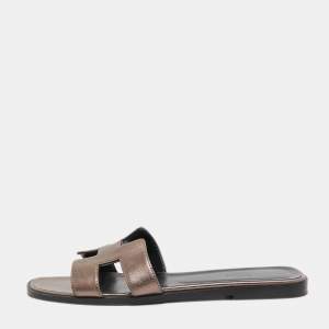Hermes Metallic Brown Leather Oran Flat Slides Size 39.5