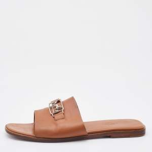 Hermes Brown Leather Villa Flat Slides Size 39