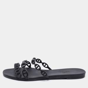 Pre Owned Hermes Black Rubber D'ancre Chaine Rivage Flat Slides Size 39