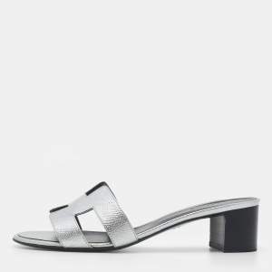 Hermes Silver Leather Oasis Slide Sandals Size 38