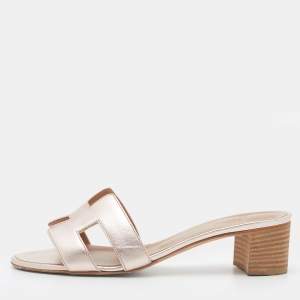 Hermes Metallic Rose Gold Leather Oasis Slide Sandals Size 37