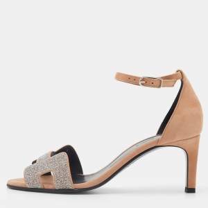 Hermes Beige/Silver Suede and Glitter Premiere Ankle Strap Sandals Size 37