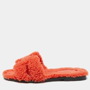 Hermes Orange Shearling Fur Oran Flat Slides Size 36