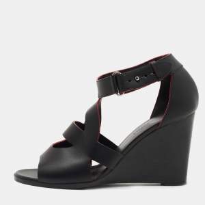 Hermes Black Leather Mona Wedge Sandals Size 38