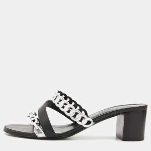 Hermes Black/Silver Leather Ajaccio Block Heel Slide Sandals Size 37