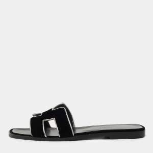 Hermes Black/Silver Velvet and Leather Oran Flat Slides Size 38.5  