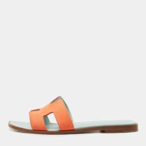 Hermes Coral Orange Nubuck Leather Oran Flat Slides Size 37.5