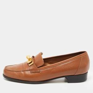 Hermes Brown Leather Jules Kelly Lock Loafers Size 37.5