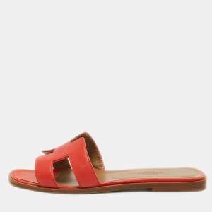 Hermes Red Leather Oran Flat Slides Size 37.5