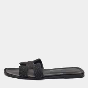 Hermes Black Suede And Glitter Oran Flat Sandals Size 41 