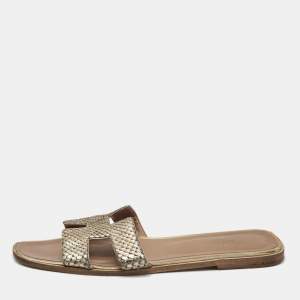 Hermes Two Tone Python Leather Oran Flat Sandals Size 41