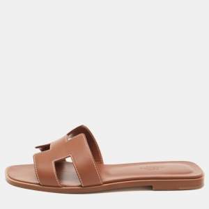Hermes Brown Leather Oran Flat Slides Size 37