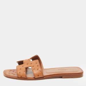 Hermes Brown Ostrich Leather Oran Flat Slides Size 38