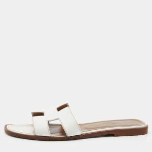 Hermes White Leather Oran Slide Sandals Size 39