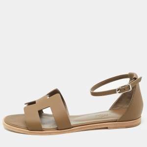 Hermes Olive Green Leather Santorini Ankle Strap Sandals Size 38