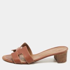 Hermes Brown Leather Oasis Slide Sandals Size 38