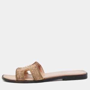 Hermes Metallic Gold Twisted Metal Thread Oran Slide Flats Size 36