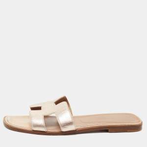 Hermes Metallic Gold Leather Oran Sandals Size 39