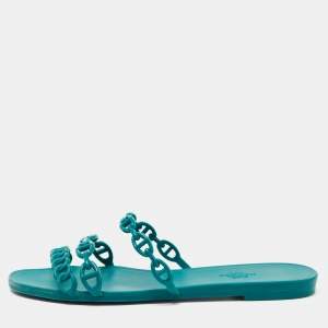 Hermes Green Rubber Chaine d'Ancre Rivage Flat Slides Size 39 