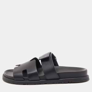 Hermès  Black Leather Chypre Sandals Size 39