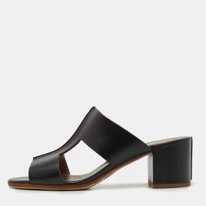 Hermes Black Leather Ostia Slide Sandals Size 36