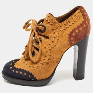Hermes Tricolor Suede Brogue Detail Lace Up Booties Size 37