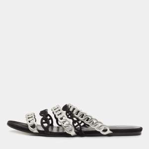 Hermes Black/Silver Suede and Leather D'ancre Chaine Flat Slides Size 40