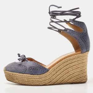 Hermes Blue Suede Wedge Platform Espadrille Sandals Size 38