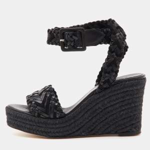 مملوكة مسبقًا Hermes Black Woven Leather and Suede Sophia Espadrille Sandals Size 37