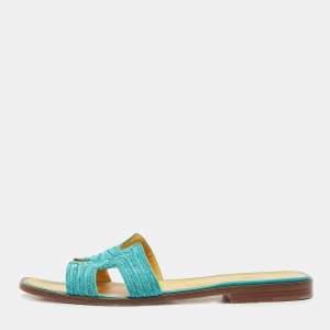 Hermes Blue Twisted Metal Fabric Oran Flat Slides Size 40.5