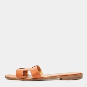 Hermes Orange Leather Oran Flat Slides Size 41 