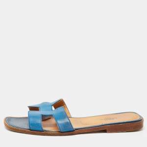 Hermes Blue Leather Oran Flat Slides Size 37.5