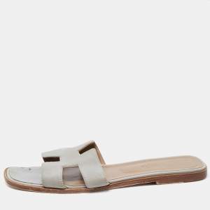 Hermes Grey Textured Leather Oran Flat Slides Size 41
