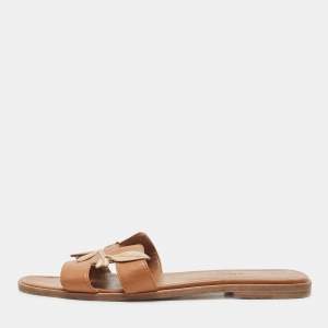 Hermes Tan Leather Leaves Oran Flat Slides Size 39