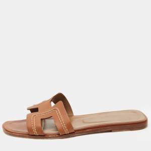 Hermes Brown Leather Stitch Detail Oran Flat Slides Size 39.5